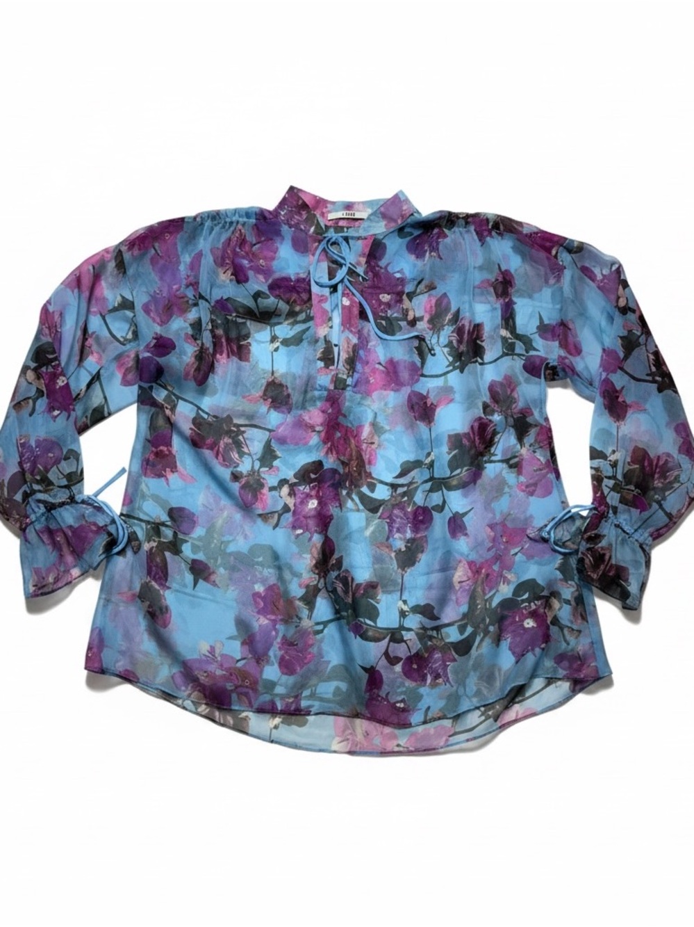 A. Cult Blue Floral Sheer Tie Neck Blouse Boho Fairycore Y2K Peasant Top 40